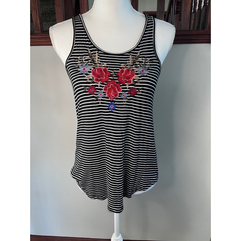 American Eagle Soft & Sexy Striped Floral Embroidered Tank Top Black White XS